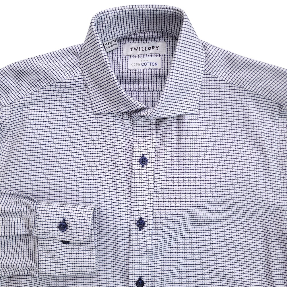 Twillory Dress Shirt Men 14.5 32/33 Tailored Fit Non Iron Safe Cotton White Blue